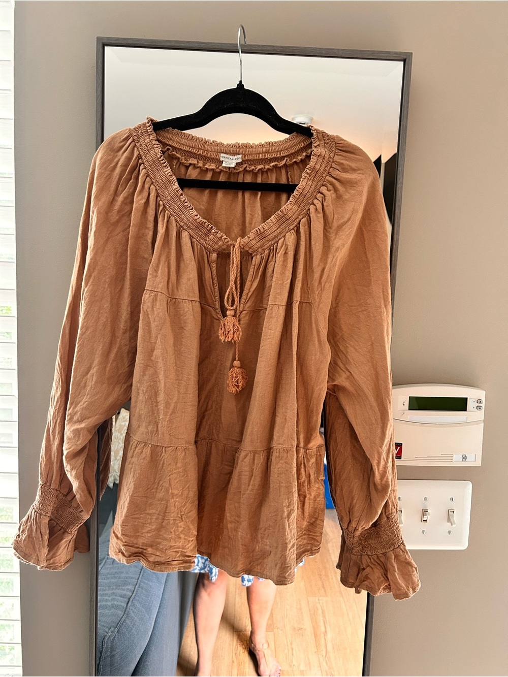 American Eagle Outfitters Rust Brown Boho Tie-Front Peasant Blouse